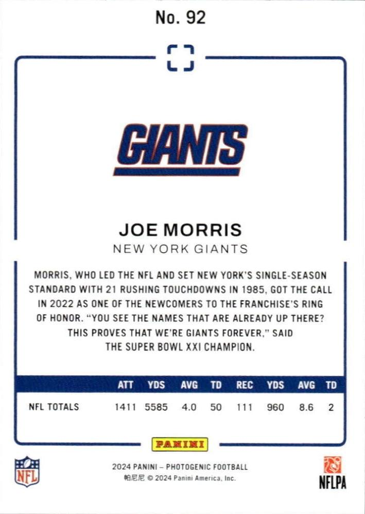 2024 Panini Photogenic Joe Morris #92 New York Giants