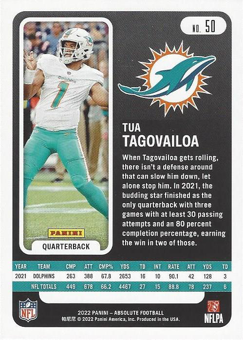2022 Panini Absolute Tua Tagovailoa #50 Miami Dolphins