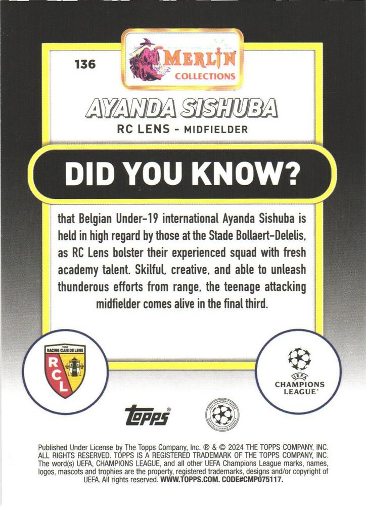 2023 Topps Merlin Chrome UCC Ayanda Sishuba RC #136 RC Lens
