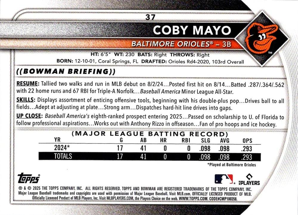 2025 Topps Bowman Coby Mayo RC Baltimore Orioles #37