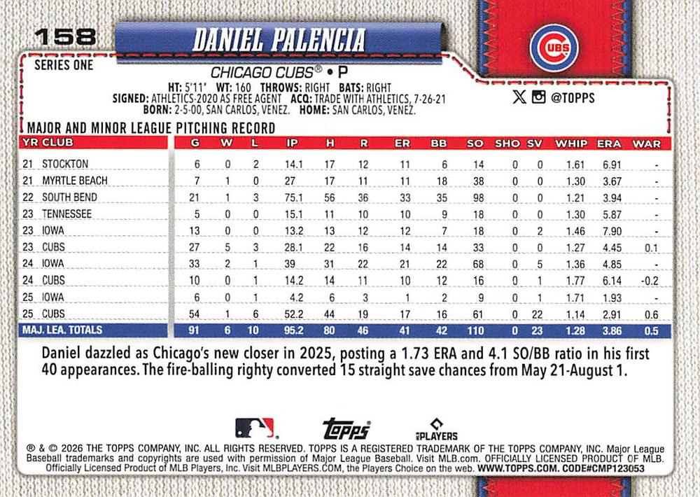 2026 Topps Series 1 Daniel Palencia #158 Chicago Cubs