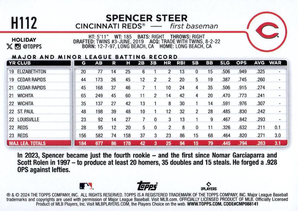 2024 Topps Holiday Spencer Steer ASR Cincinnati Reds #H112