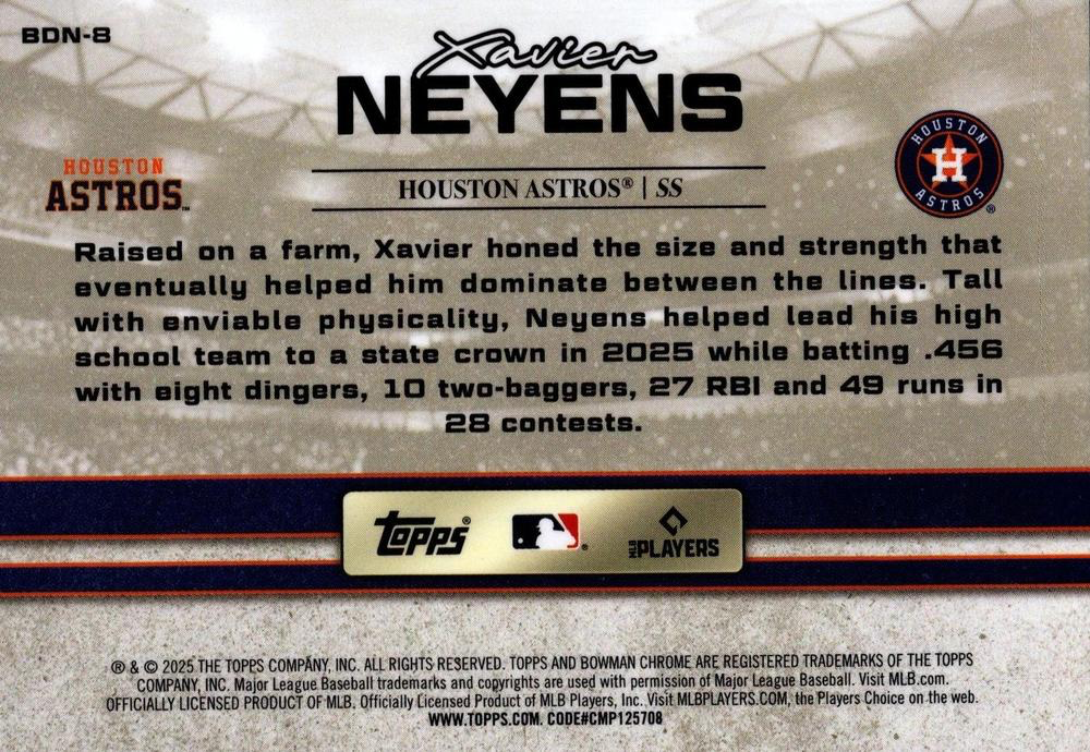 2025 Topps Bowman Draft Draft Night Xavier Neyens #BDN-8 Houston Astros