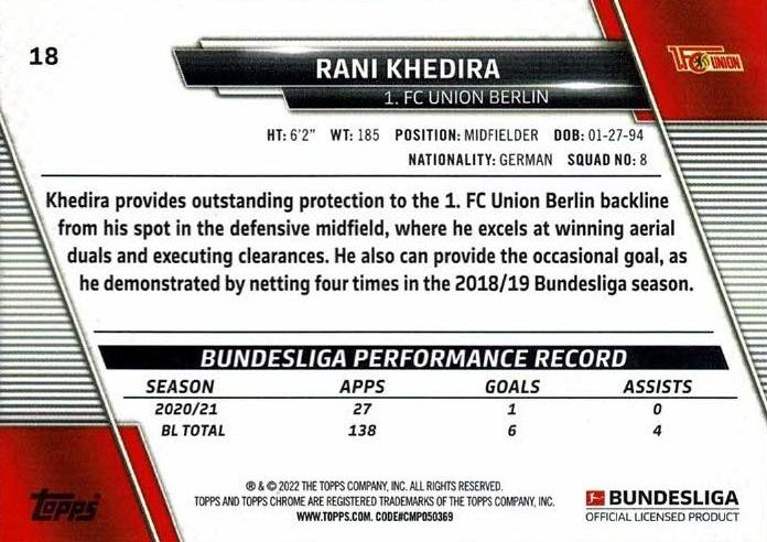 2021 Topps Chrome Bundesliga Rani Khedira #18 1. FC Union Berlin