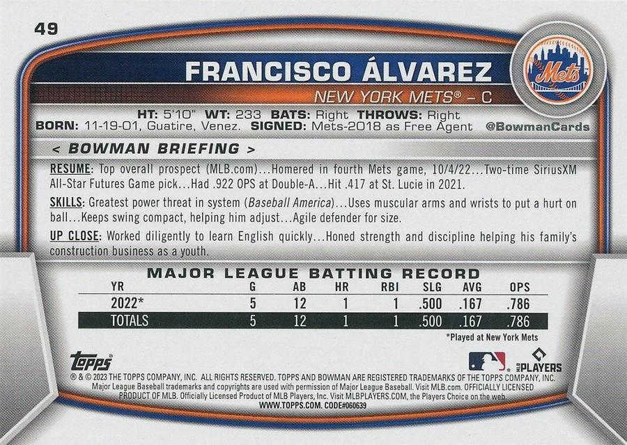 2023 Topps Bowman Francisco Alvarez RC New York Mets #49