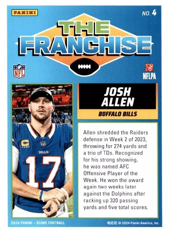 2024 Panini Score Football The Franchise Josh Allen Buffalo Bills #4