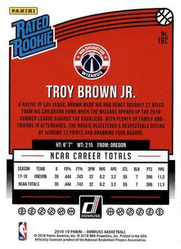 2018 Panini Donruss Rated Rookie Troy Brown Jr. #192 Washington Wizards