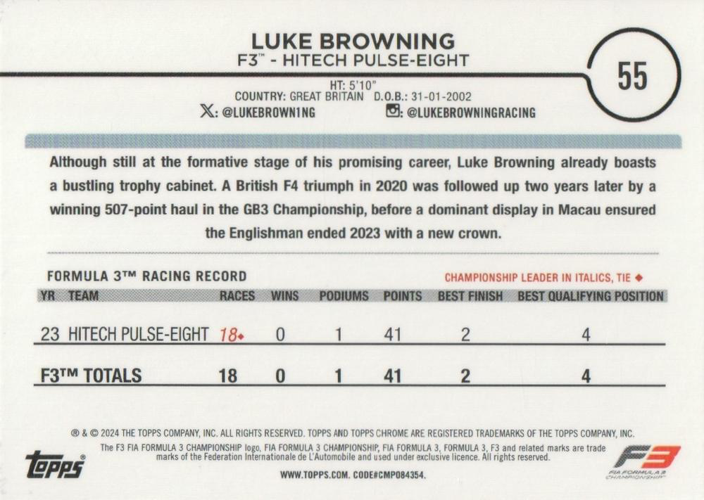 2024 Topps Chrome Formula 1 Luke Browning F3D #55 HiTech Pulse-Eight