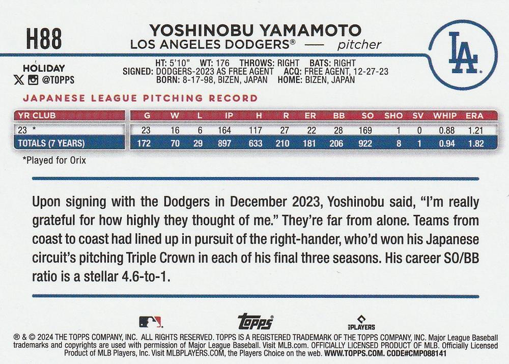 2024 Topps Holiday Yoshinobu Yamamoto RC Los Angeles Dodgers #H88