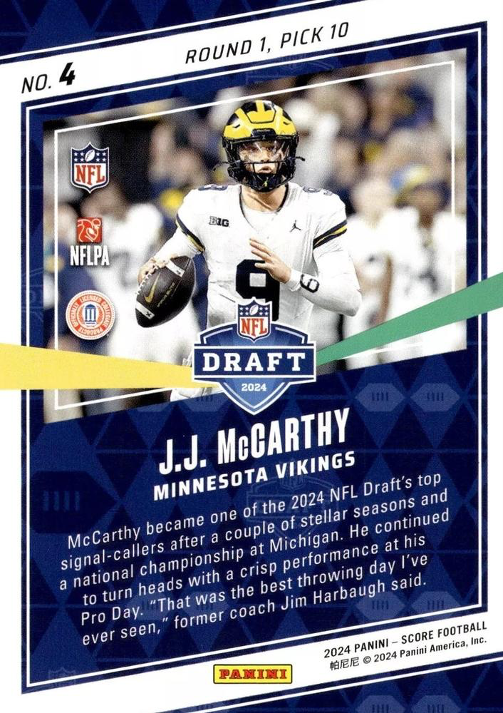 2024 Panini Score Football NFL Draft J.J. McCarthy Minnesota Vikings #4 RC