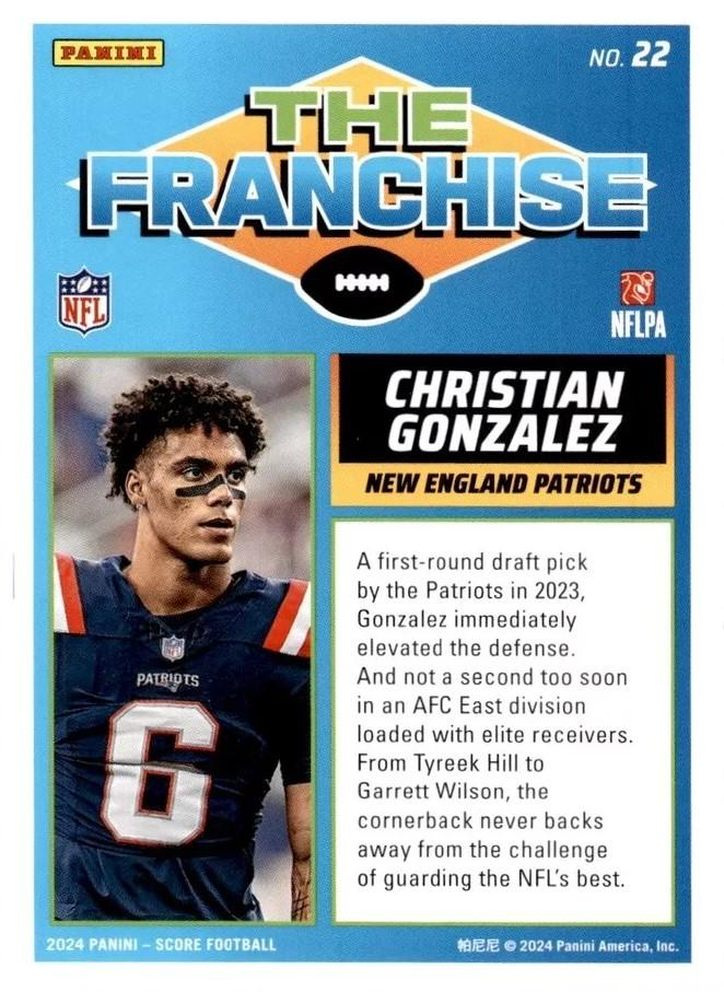 2024 Panini Score Football The Franchise Christian Gonzalez New England Patriots #22 RC
