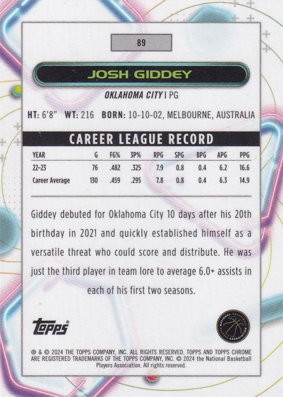 2023 Topps Chrome Cosmic Josh Giddey #89 Oklahoma City Thunder