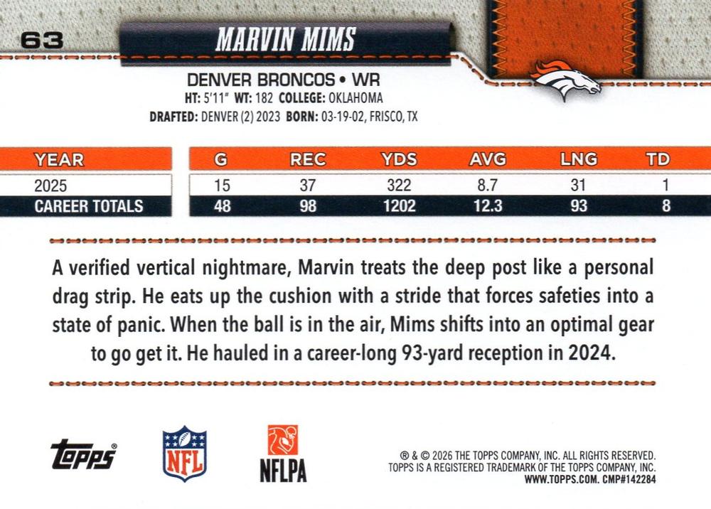 2026 Topps Flagship Marvin Mims #63 Denver Broncos