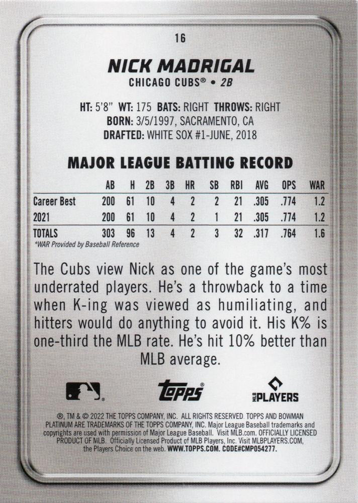 2022 Topps Bowman Platinum Nick Madrigal Chicago Cubs #16