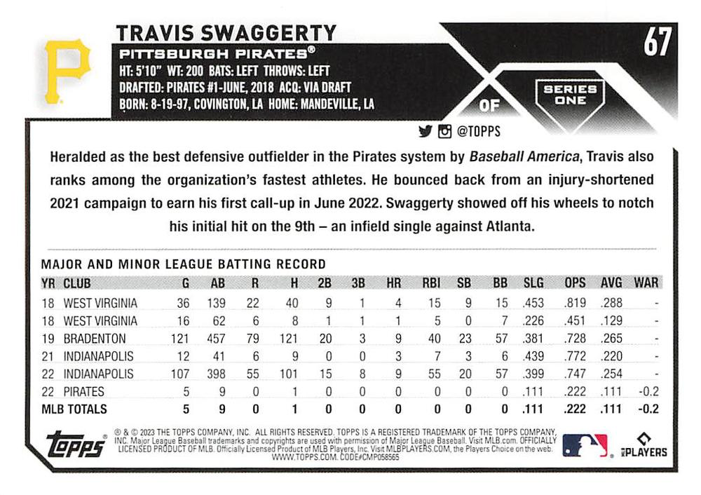 2023 Topps Series 1 Travis Swaggerty RC Pittsburgh Pirates #67