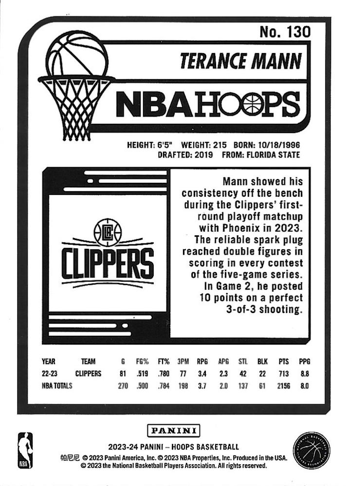 2023 Panini Hoops Terance Mann #130 Los Angeles Clippers