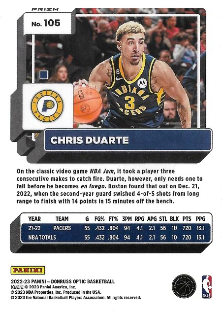 2022 Panini Donruss Optic Chris Duarte Purple #105 Indiana Pacers
