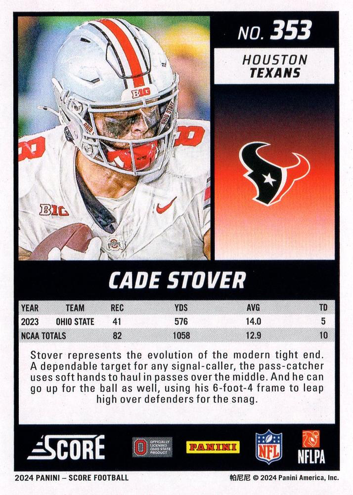 2024 Panini Score Football Cade Stover Houston Texans #353 RC
