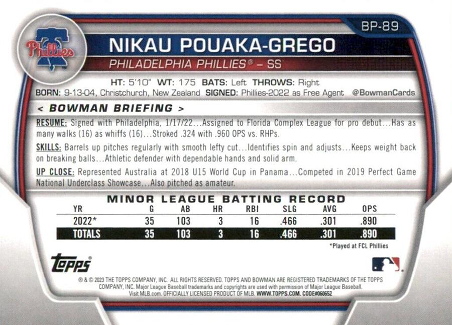2023 Topps Bowman Paper Prospects Nikau Pouaka-Grego 1st Philadelphia Phillies #BP-89