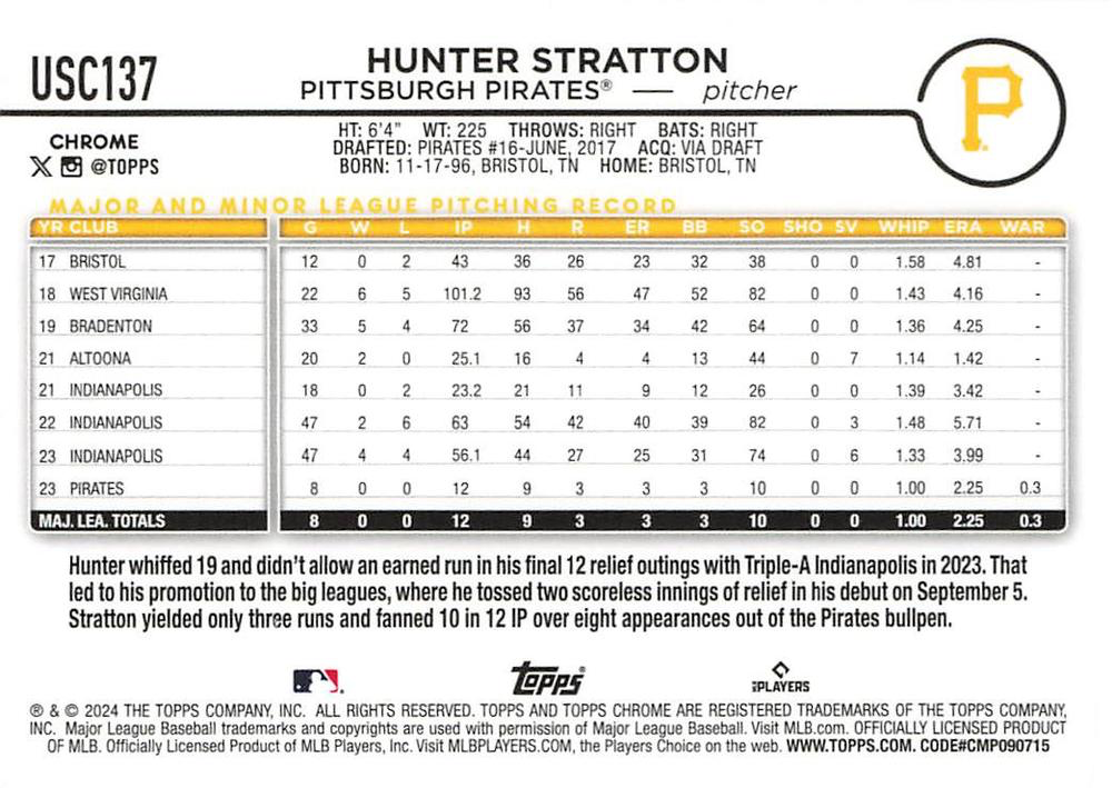 2024 Topps Chrome Update X-Fractor Parallel Hunter Stratton RC Pittsburgh Pirates #USC137