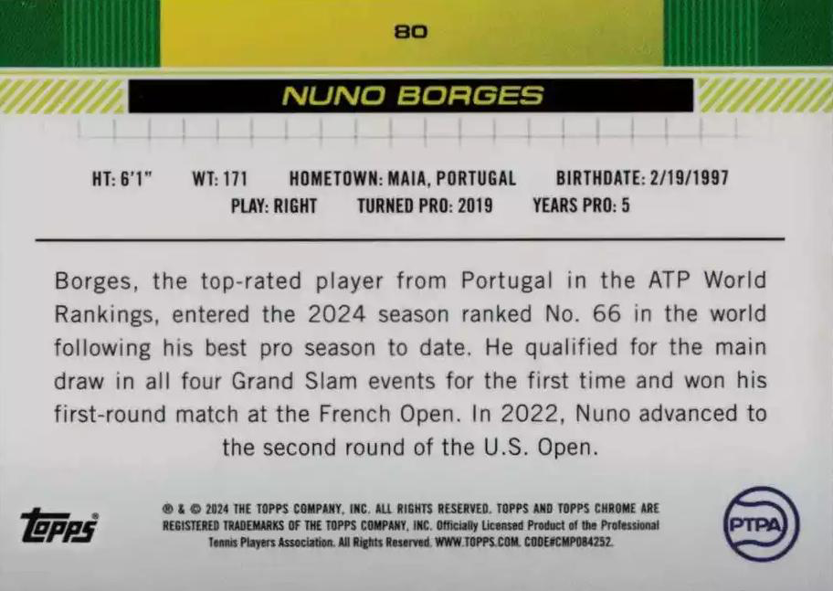 2024 Topps Chrome Tennis Nuno Borges RC #80