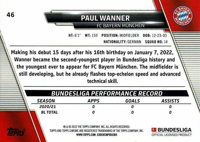 2021 Topps Chrome Bundesliga Paul Wanner RC #46 FC Bayern Munchen