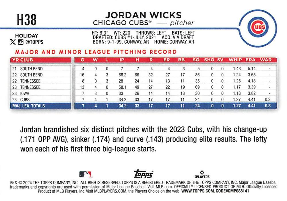 2024 Topps Holiday Jordan Wicks RC Chicago Cubs #H38