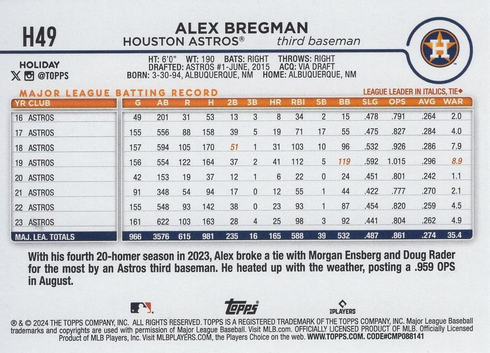2024 Topps Holiday Alex Bregman Houston Astros #H49