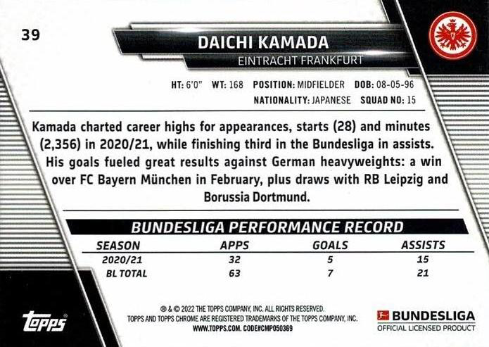2021 Topps Chrome Bundesliga Daichi Kamada #39 Eintracht Frankfurt