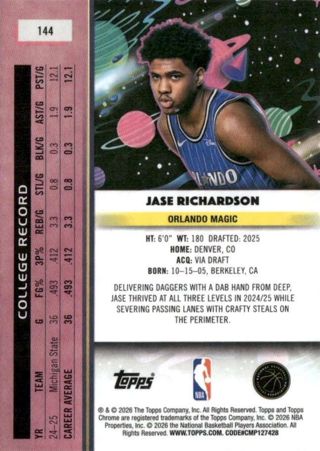 2025 Topps Chrome Cosmic Jase Richardson RC #144 Orlando Magic