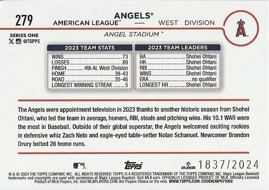 2024 Topps Series 1 Los Angeles Angels Gold /2024 #279 Los Angeles Angels