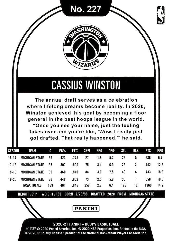 2020 Panini Hoops Cassius Winston RC #227 Washington Wizards