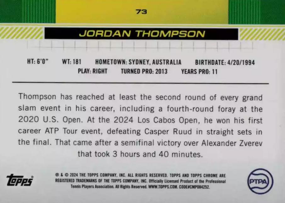 2024 Topps Chrome Tennis Jordan Thompson RC #73