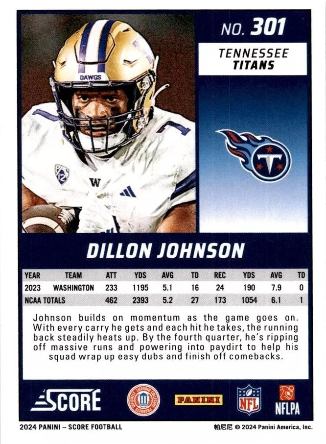 2024 Panini Score Football Dillon Johnson Tennessee Titans #301 RC
