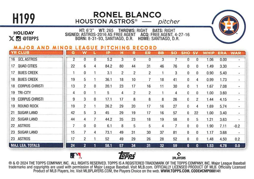 2024 Topps Holiday Ronel Blanco RC Houston Astros #H199