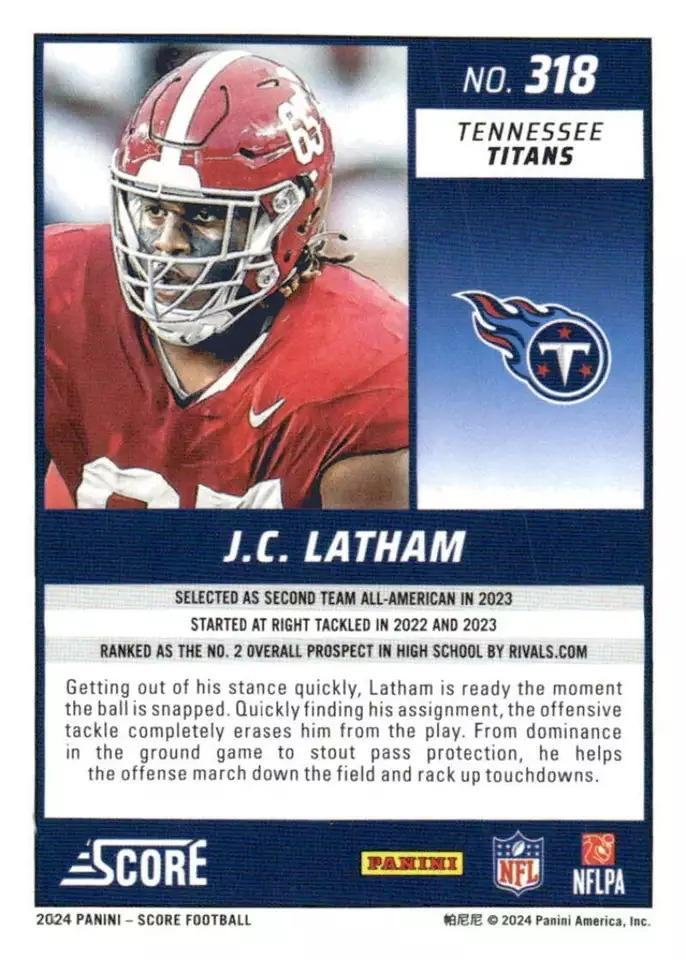 2024 Panini Score Football JC Latham Tennessee Titans #318 RC