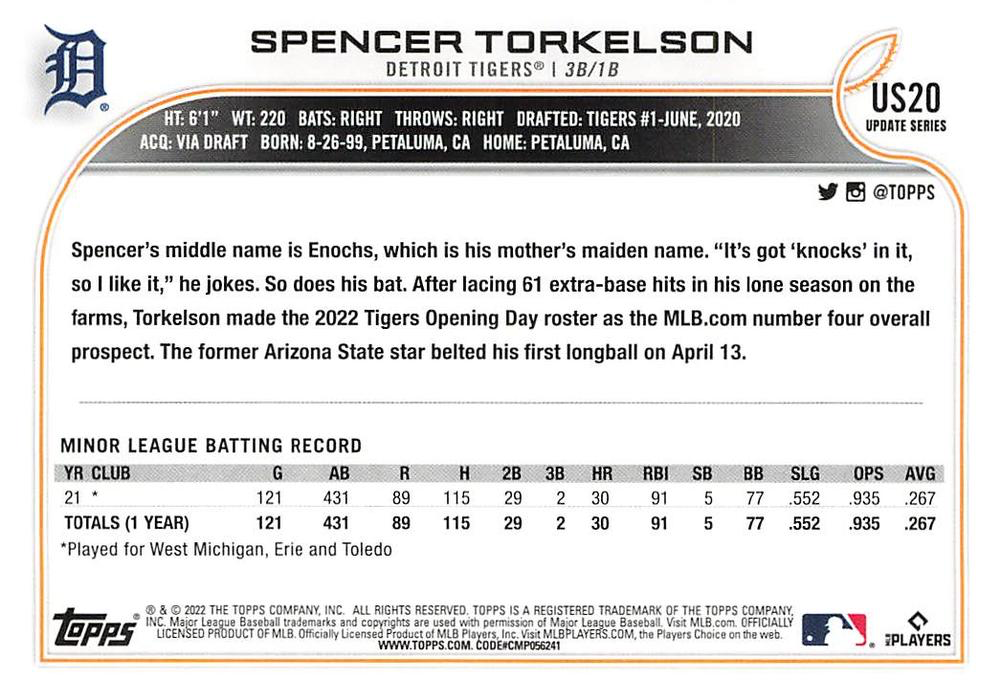 2022 Topps Update Spencer Torkelson RC #US20 Detroit Tigers