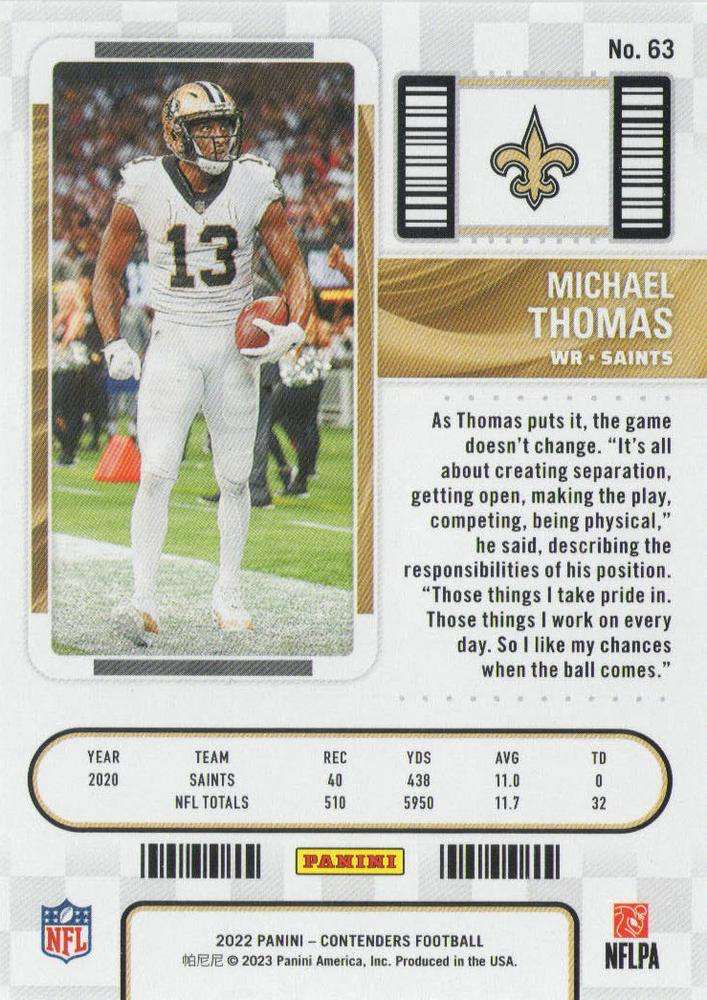2022 Panini Contenders Michael Thomas #63 New Orleans Saints