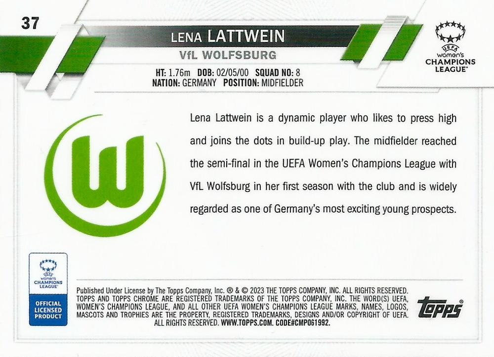2022 Topps Chrome UCC Women's Lena Lattwein RC #37 VfL Wolfsburg