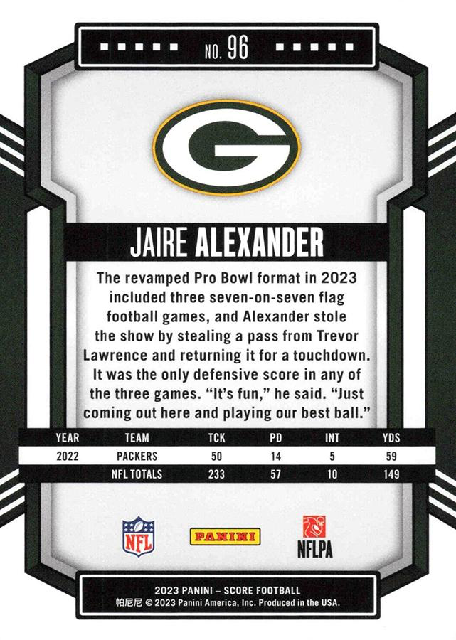 2023 Panini Score Football Jaire Alexander Green Bay Packers #96