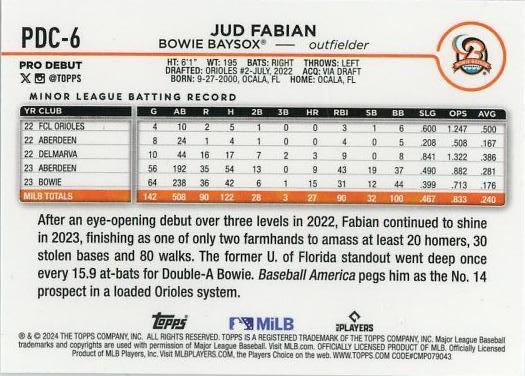 2024 Topps Pro Debut Chrome Refractor Jud Fabian #PDC-6 Bowie Baysox