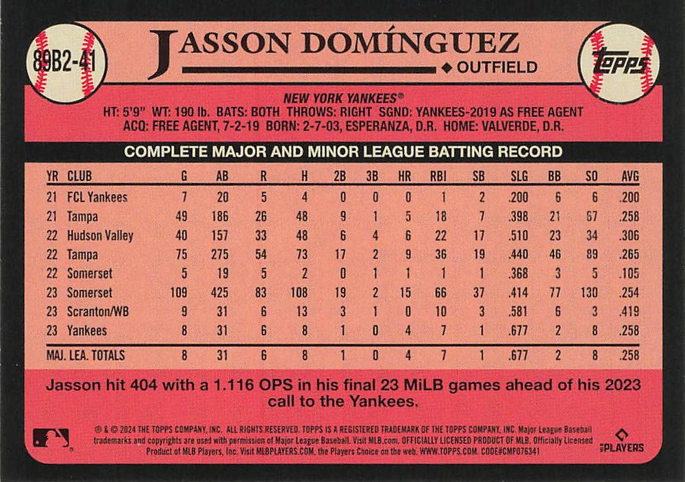 2024 Topps Series 2 1989 35th Anniversary Jasson Domínguez RC New York Yankees #89B2-41