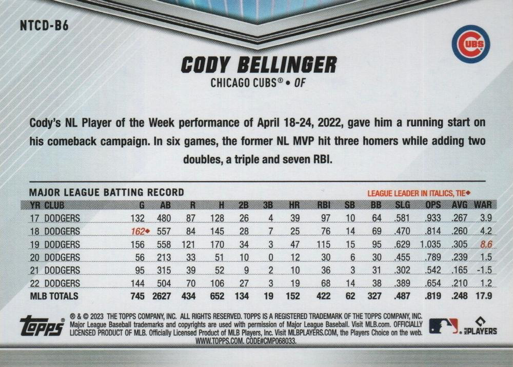 2023 Topps NTCD Cody Bellinger Chicago Cubs #NTCD-B6
