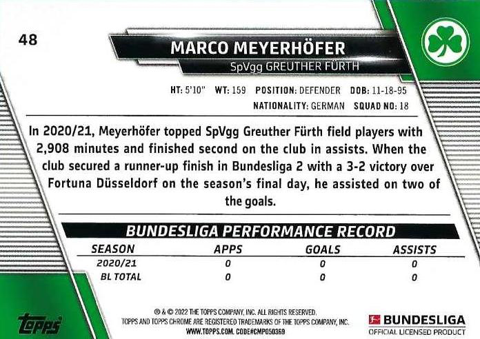 2021 Topps Chrome Bundesliga Marco Meyerhofer RC #48 SpVgg Greuther Furth