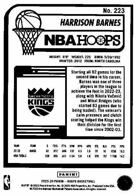 2023 Panini Hoops Harrison Barnes #223 Sacramento Kings