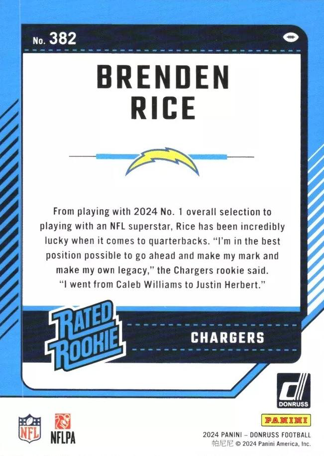2024 Panini Donruss Brenden Rice Rated Rookie RC #382 Los Angeles Chargers