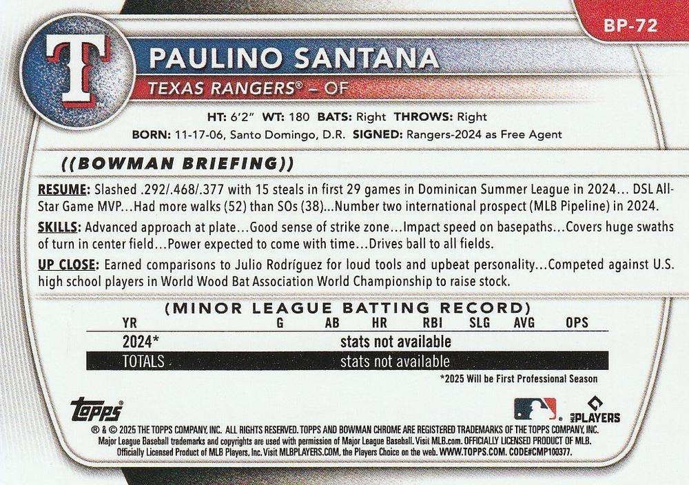 2025 Topps Bowman Prospects Paulino Santana Texas Rangers #BP-72
