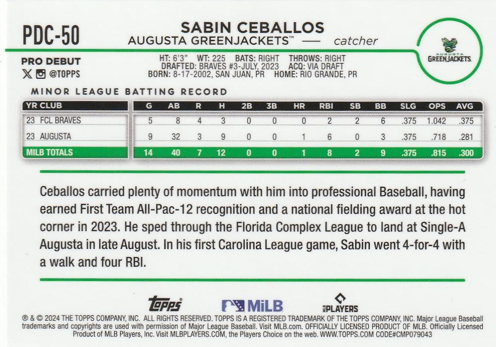 2024 Topps Pro Debut Chrome Refractor Sabin Ceballos #PDC-50 Augusta GreenJackets