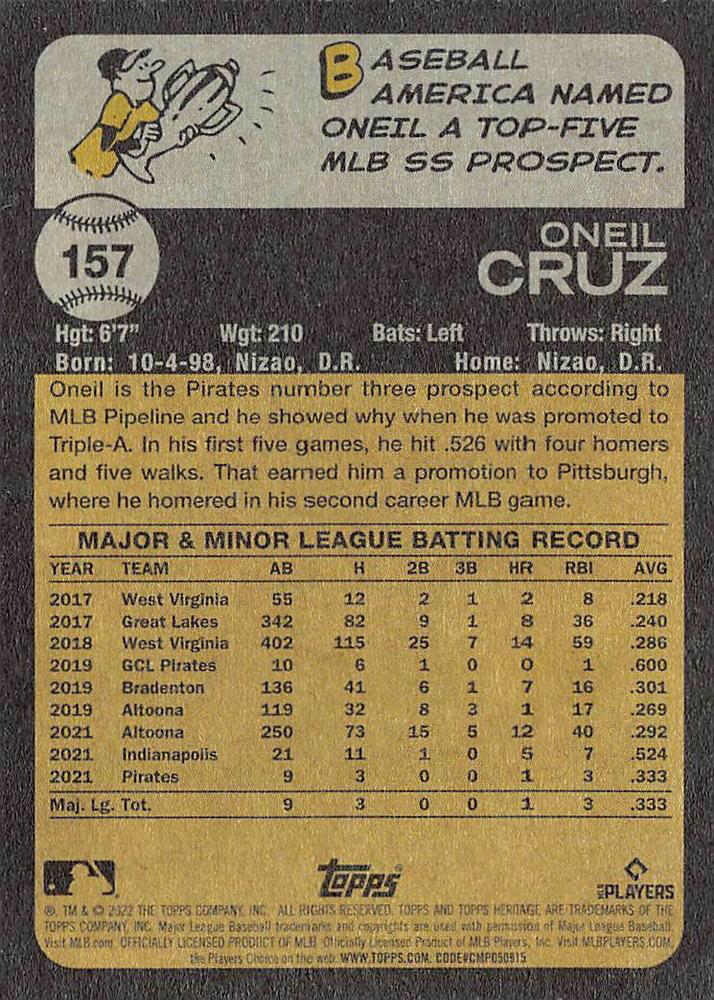 2022 Topps Heritage Oneil Cruz RC Pittsburgh Pirates #157