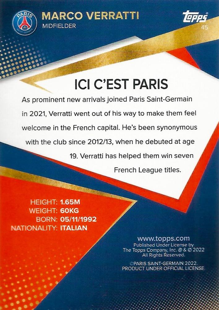 2021 Topps PSG Team Set Marco Verratti #45 Paris Saint-Germain